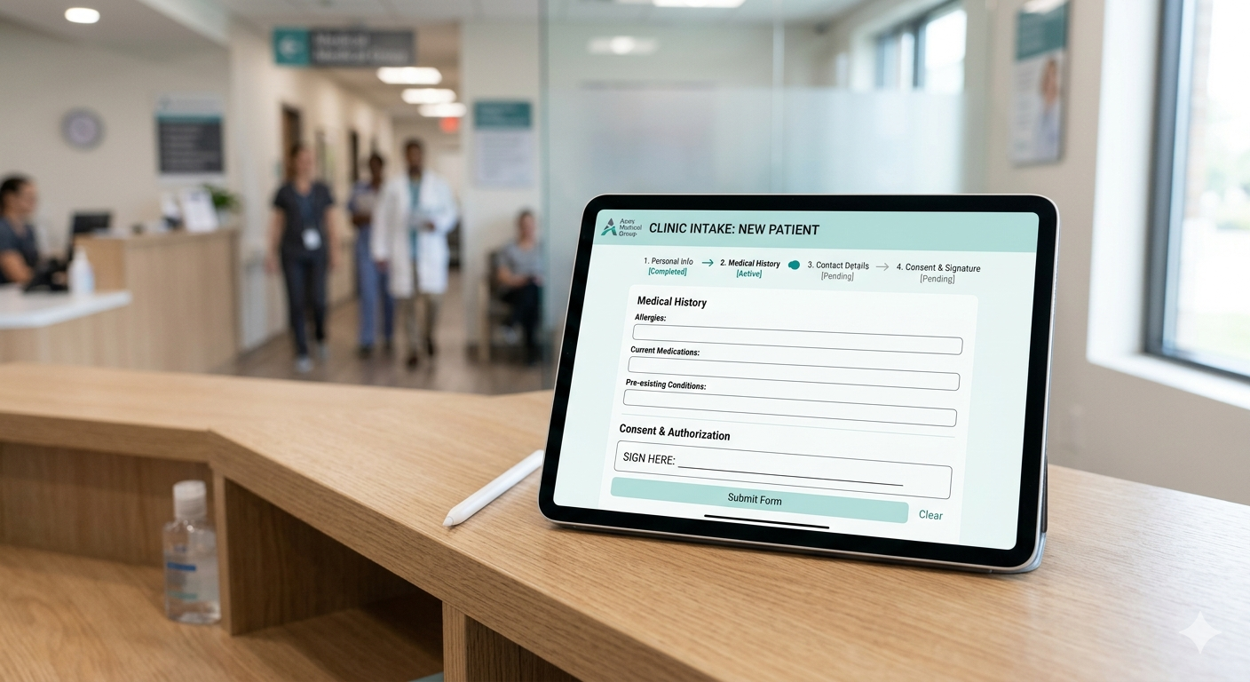 Patient intake tablet app for a clinic group